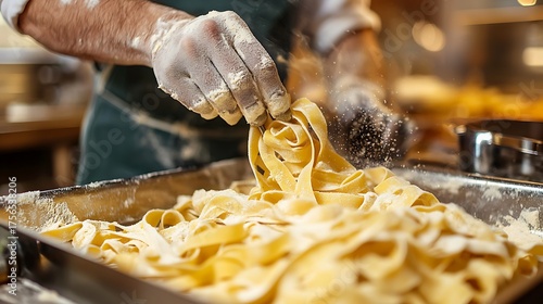 Chef preparing fresh pasta in a commercial kitchen environment.