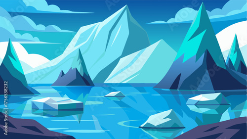An otherworldly landscape with towering icebergs floating in the glacial lakes tranquil waters.