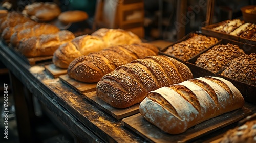 Freshly Baked Artisan Bread Loaves Displayed in a Rustic Bakery Setting.