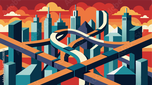 A maze of steel and glass with crisscrossing bridges and winding roads creating a mesmerizing urban skyline.