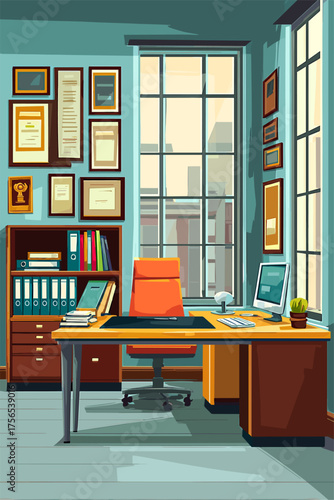 Modern Workspace Illustration Featuring Organized Desk and Office Decor