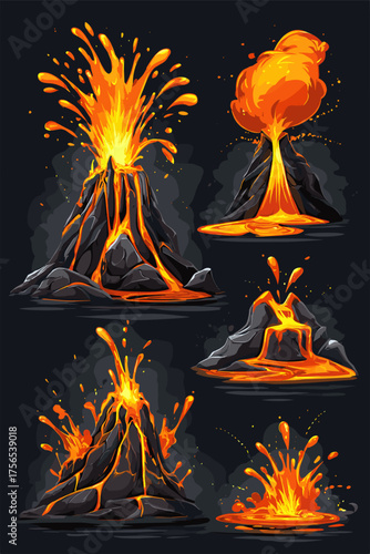 Colorful Volcano Eruptions and Lava Flow Vector Illustrations