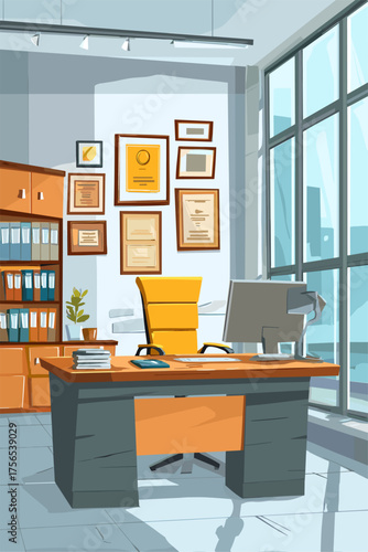 Modern Office Workspace Interior with Desk, Computer, and Certificate Frames