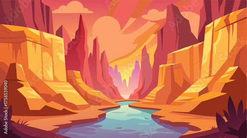 A hidden oasis surrounded by towering sandstone cliffs their faces etched with intricate details and varied shades of pink orange and yellow.