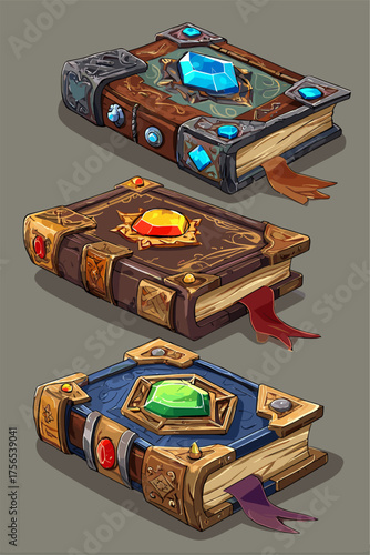Three Fantasy Books with Colorful Gems and Decorative Covers