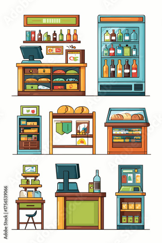 Vector Illustrations of Grocery Store Shelves, Counters, and Refrigerators