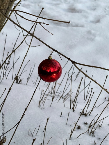 Single red Christmas ornament hanging on a bare branch over snow, creating a minimalist winter holiday scene.