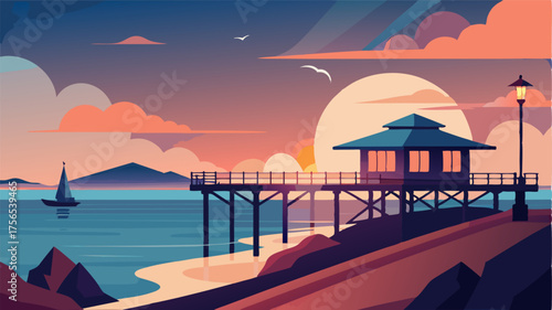 A peaceful evening by the coast the pier is a tranquil spot to witness the beauty of nature as the sun sets over the horizon.