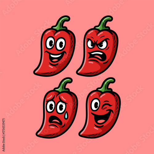 fun chili pepper expression compilation colorful cartoon character isolated drawing line style sketch classic vintage design illustration