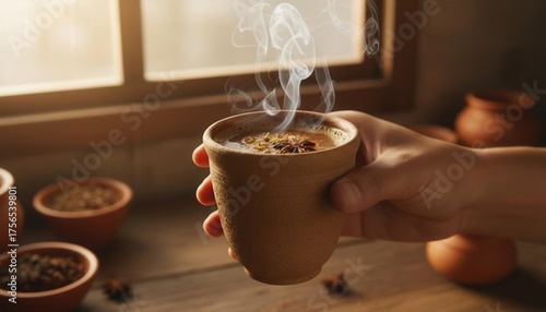 Hand holding a kulhad of masala chai, comforting, a warm and traditional Indian drink