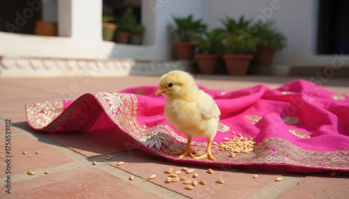 Cute chicken chick, innocent, pecking grain, on a drying pink sari