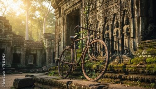 Vintage bicycle leaning against ancient temple ruins in sunlight  