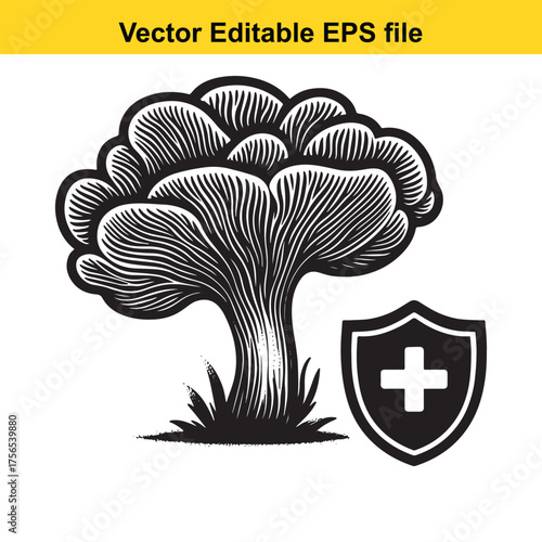  vector art of mushroom with medical shield icon, vector graphic illustration