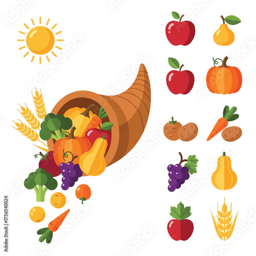 Flat vector illustration of a cornucopia overflowing with fruits and vegetables on a white background, symbolizing abundance and harvest, perfect for thanksgiving celebrations.