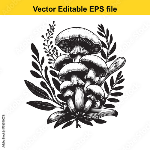 vector art of cluster of various mushrooms and foliage, detailed vector illustration