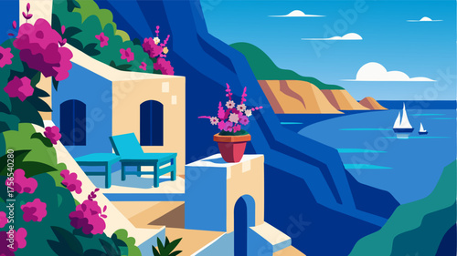 A quaint terrace nestled a the rocky cliffs and overlooking the deep blue sea adorned with blooming bougainvillea and fragrant jasmine.