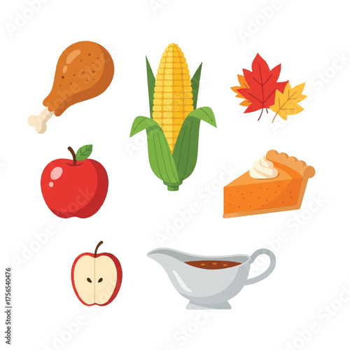 Flat vector illustration of traditional thanksgiving food items including turkey leg, corn, leaves, apple, pie, and gravy on a white background.