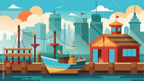 A charming wharf lined with quaint weathered shops and colorful fishing boats bringing a touch of oldworld charm to the citys skyline.
