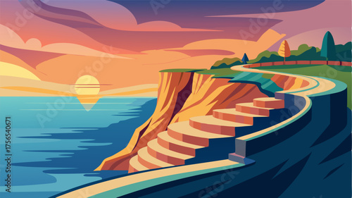 A coastal cliff curve hugging the shoreline creating a natural amphitheater for viewing stunning sunsets.