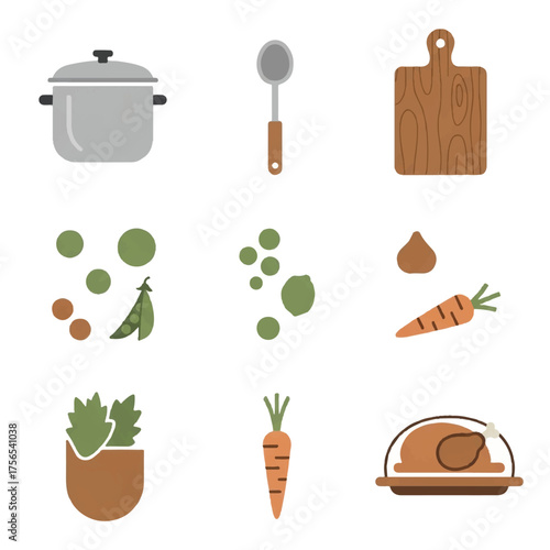 Flat vector illustration of thanksgiving food icons including a pot, ladle, cutting board, vegetables, and a roasted turkey on a platter.