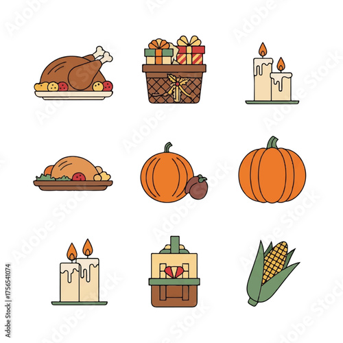 Flat vector illustration of thanksgiving icons including a roasted turkey, gifts, candles, pumpkins, and corn on a white background.