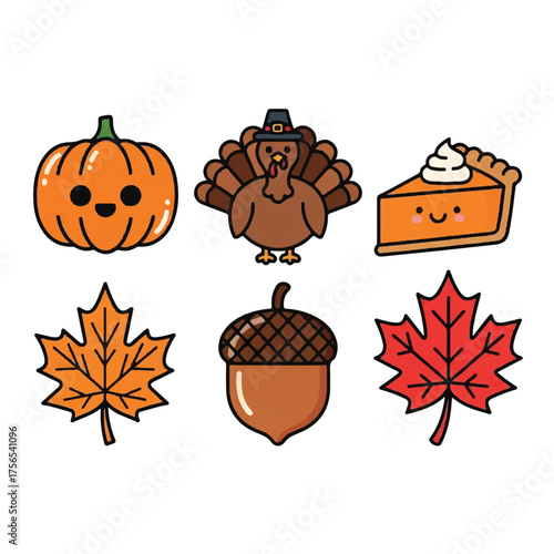 Flat vector illustration of thanksgiving icons including a pumpkin, turkey, pie, leaves and acorn on a white background.