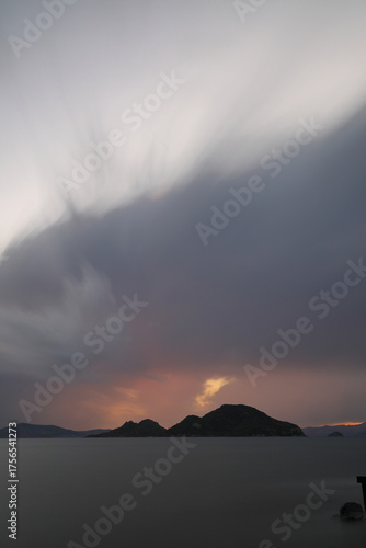sunset on the beach. Seaside town of Turgutreis and spectacular sunsets. Selective Focus. Long Exposure shoot. tranquility scene.