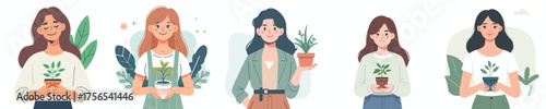 vector woman holding a small pot of plants