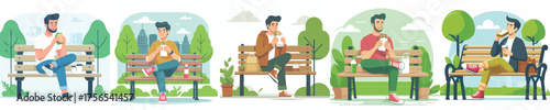 vector man sitting on a park bench eating a vegan sandwich