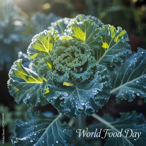 Celebrate World Food Day with fresh kale covered in morning dew in the garden sunlight