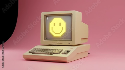 Vintage Beige Computer with Glowing Smiley on Pink Background