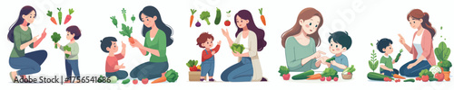 vector of children learning vegetables with mother