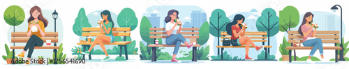 vector woman sitting on a park bench eating a vegan sandwich