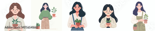 vector woman holding a small pot of plants