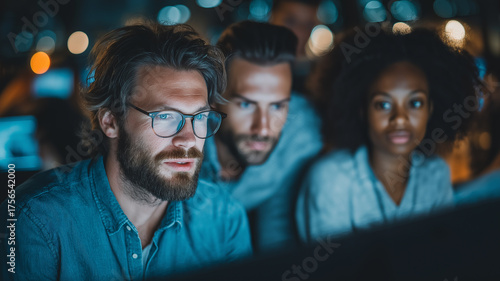 IT Team Collaboration. Diverse team of IT professionals gathered around a computer screen, collaborating on a project.