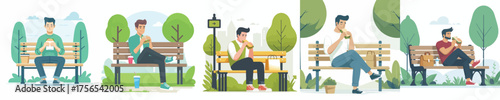 vector man sitting on a park bench eating a vegan sandwich