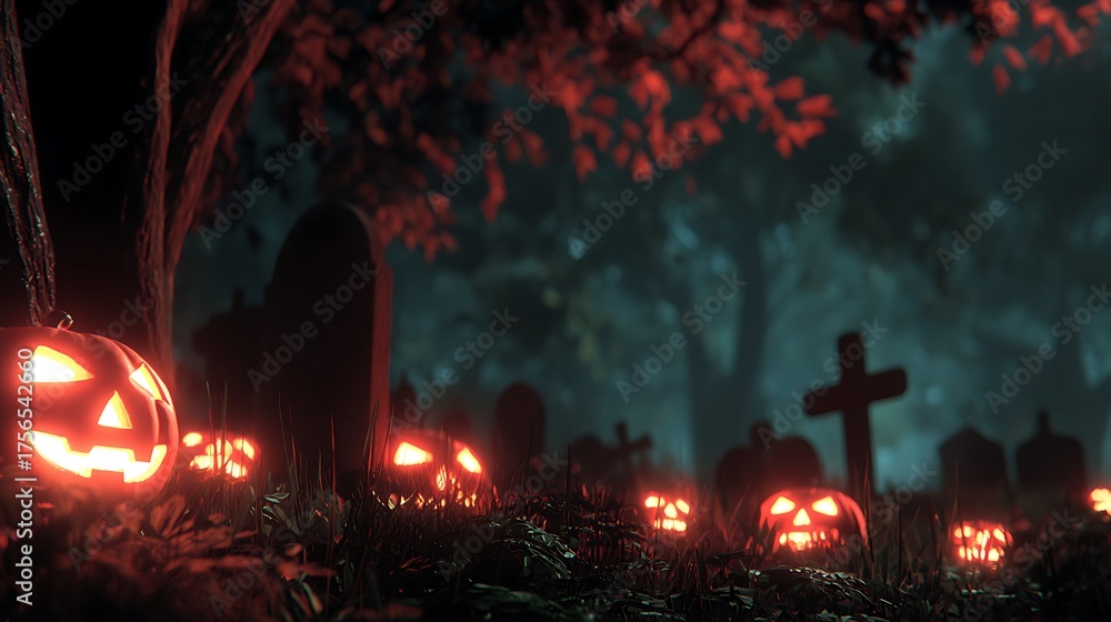 Fototapeta premium Spooky Halloween Cemetery with Glowing Jack-o-Lanterns photo stock