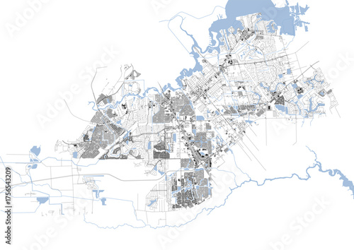 Monochrome map of League City showing highways, waterways, and building footprints — ideal for urban planning, geographic design, or architectural visualization.