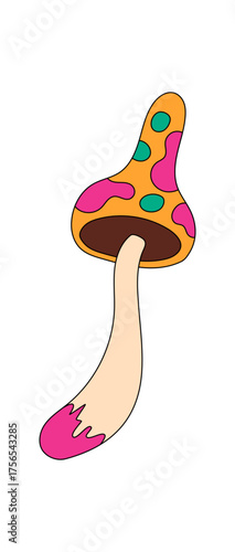 Groovy mushroom in psychedelic cartoon graphic style as groovy element with bold pink and orange. Trippy shroom and retro sticker use colorful magic pop for y2k inspiration, trendy 70s vibe playful