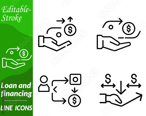An icon depicting financial support or credit flow — showing hands exchanging money. a document with a currency sign, or a wallet with coins and arrows symbolizing borrowing and repayment.
