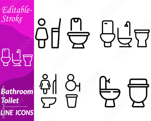 An icon depicting a modern toilet bowl or restroom seat. sometimes shown with a flush button, water droplet, or hygiene sparkle symbols. Designed in a clean, minimal vector style with smooth lines.