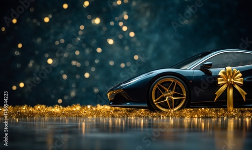 Dark blue luxury sports car with a golden gift bow, standing on a sparkling gold surface with bokeh lights