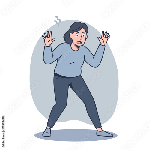 A frightened woman with wide eyes and raised hands, appearing startled or scared, with a worried expression and sweat droplets indicating distress.