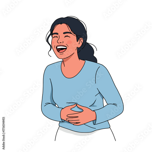 A young woman with dark hair, wearing a light blue long-sleeved shirt, is captured in a moment of joyful laughter, her eyes closed and hands clasped over her stomach in amusement.