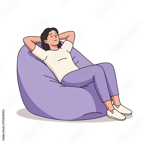 A woman relaxes with her hands behind her head, reclining in a large, comfortable purple beanbag chair.