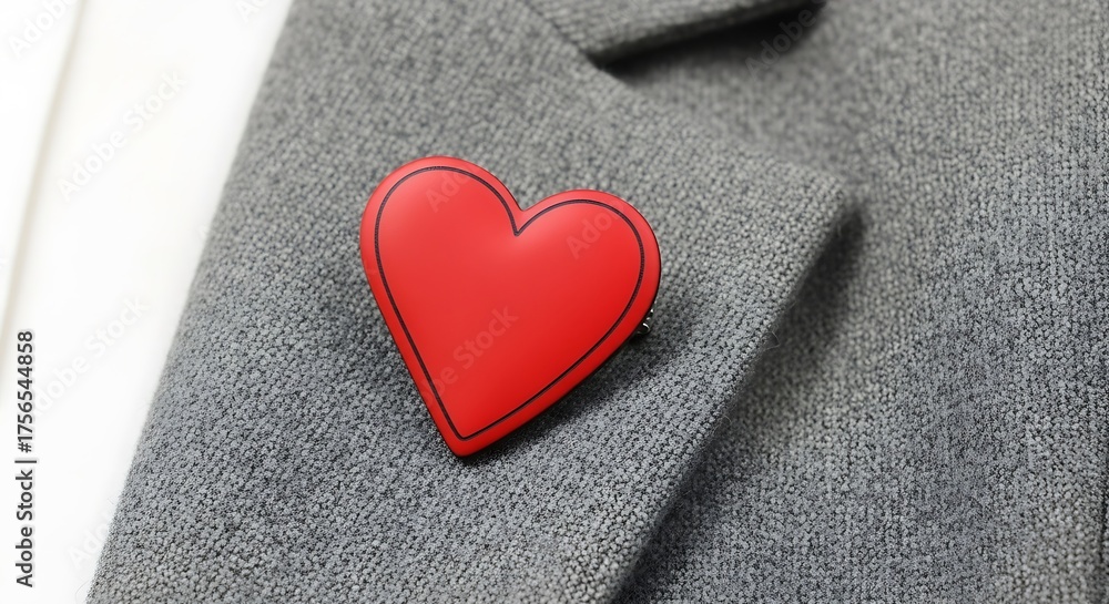 Obraz premium Red Heart Pin on Gray Blazer Lapel Close-Up.