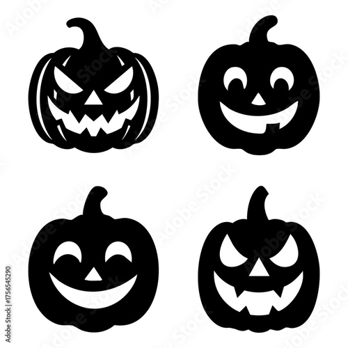 Set of Halloween Jack-o'-Lantern Silhouettes with Various Expressions in Black. A Halloween-themed illustration featuring unique jack-o'-lantern silhouettes, each with a distinct facial expression.