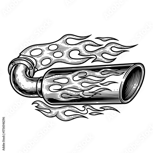 Exhaust pipe with flames A vintage illustration, perfect for car enthusiasts and retro designs