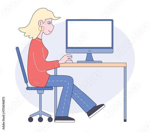 Office or freelancer girl or young woman designer working with the blank computer monitor screen illustration isolated vector