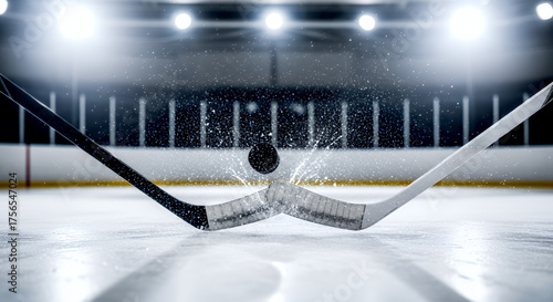 Two hockey sticks battling for the puck as it lifts off the ice. Space for text.